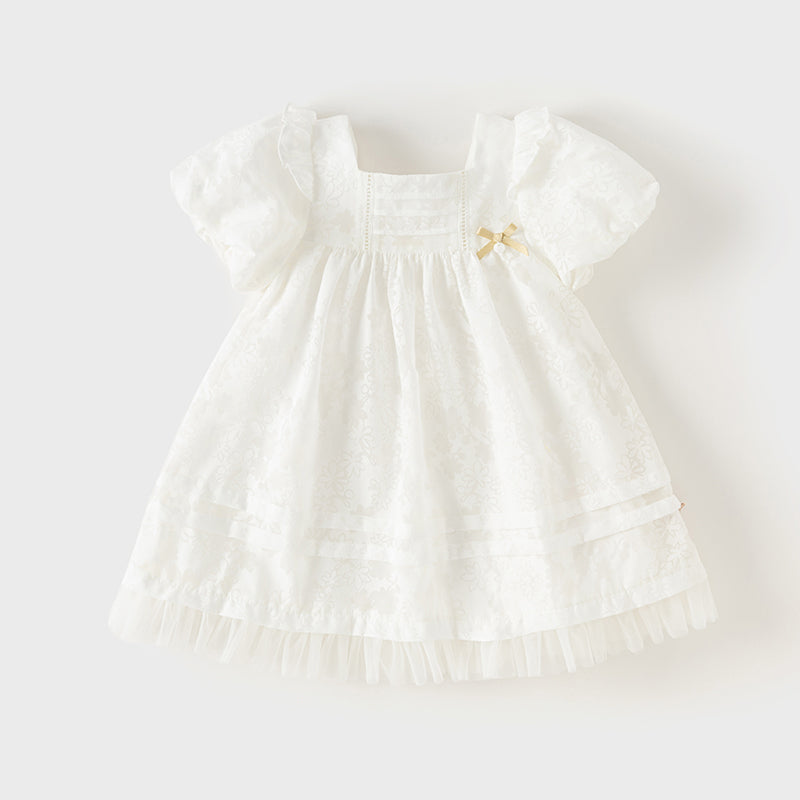 فستان صيفي للبنات الصغيرات من التول الأبيض بأكمام فقاعة وتنورة على شكل حرف A