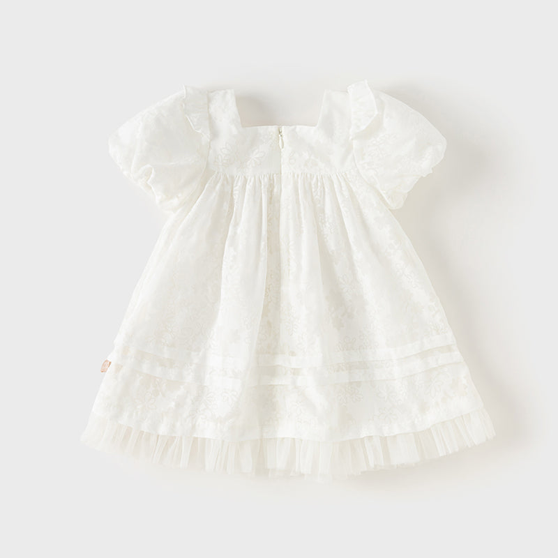 فستان صيفي للبنات الصغيرات من التول الأبيض بأكمام فقاعة وتنورة على شكل حرف A
