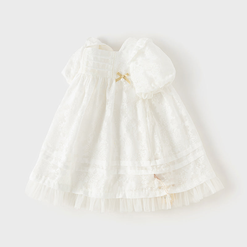 فستان صيفي للبنات الصغيرات من التول الأبيض بأكمام فقاعة وتنورة على شكل حرف A