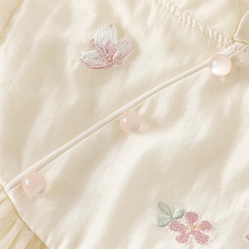 فستان بنات صيفي من التول باللون الأصفر الزجاجي بأسلوب صيني عصري (يشمل حقيبة كروس)