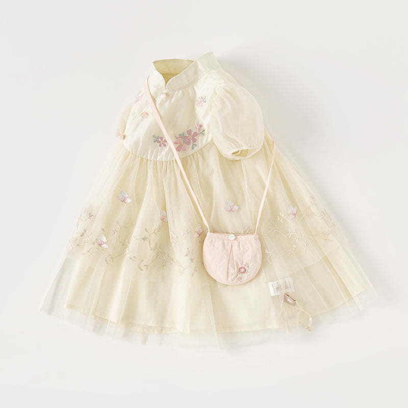 فستان بنات صيفي من التول باللون الأصفر الزجاجي بأسلوب صيني عصري (يشمل حقيبة كروس)