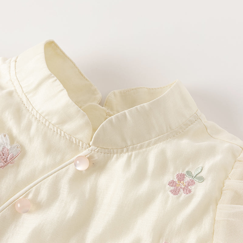 فستان بنات صيفي من التول باللون الأصفر الزجاجي بأسلوب صيني عصري (يشمل حقيبة كروس)