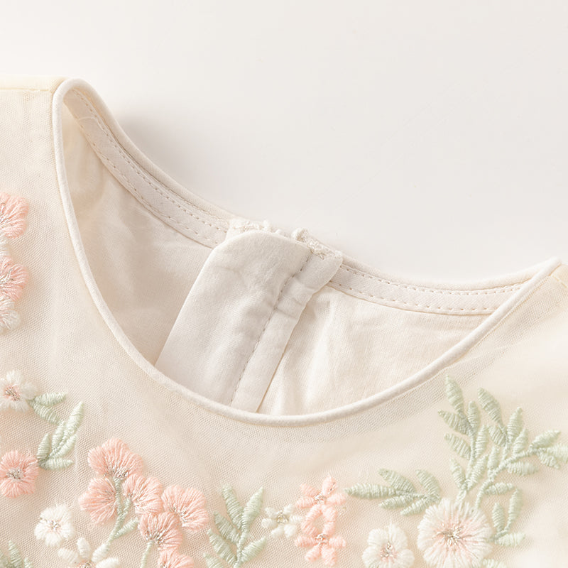 فستان صيفي للبنات الصغيرات من التول الأبيض/الوردي مزين بتطريز زهور بتصميم أميري