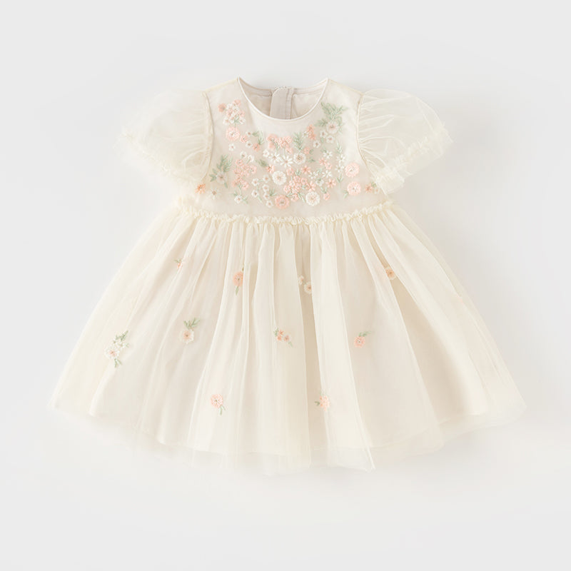 فستان صيفي للبنات الصغيرات من التول الأبيض/الوردي مزين بتطريز زهور بتصميم أميري