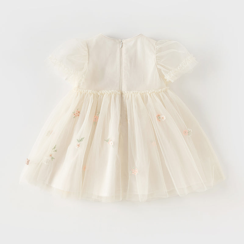 فستان صيفي للبنات الصغيرات من التول الأبيض/الوردي مزين بتطريز زهور بتصميم أميري
