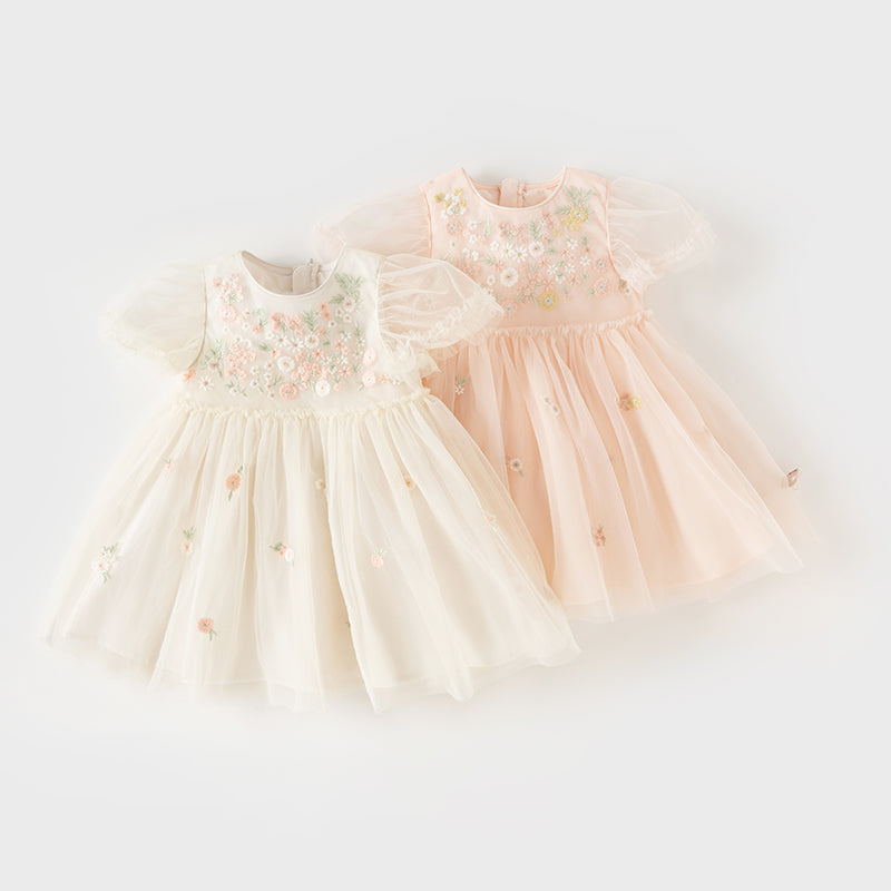 فستان صيفي للبنات الصغيرات من التول الأبيض/الوردي مزين بتطريز زهور بتصميم أميري