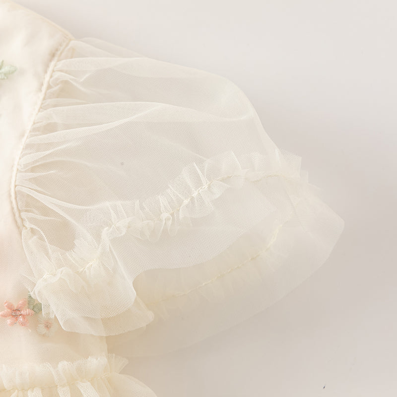 فستان صيفي للبنات الصغيرات من التول الأبيض/الوردي مزين بتطريز زهور بتصميم أميري