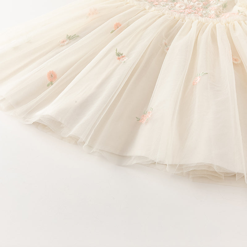 فستان صيفي للبنات الصغيرات من التول الأبيض/الوردي مزين بتطريز زهور بتصميم أميري