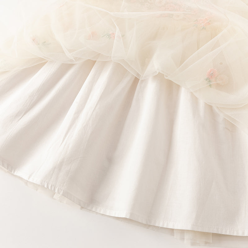 فستان صيفي للبنات الصغيرات من التول الأبيض/الوردي مزين بتطريز زهور بتصميم أميري