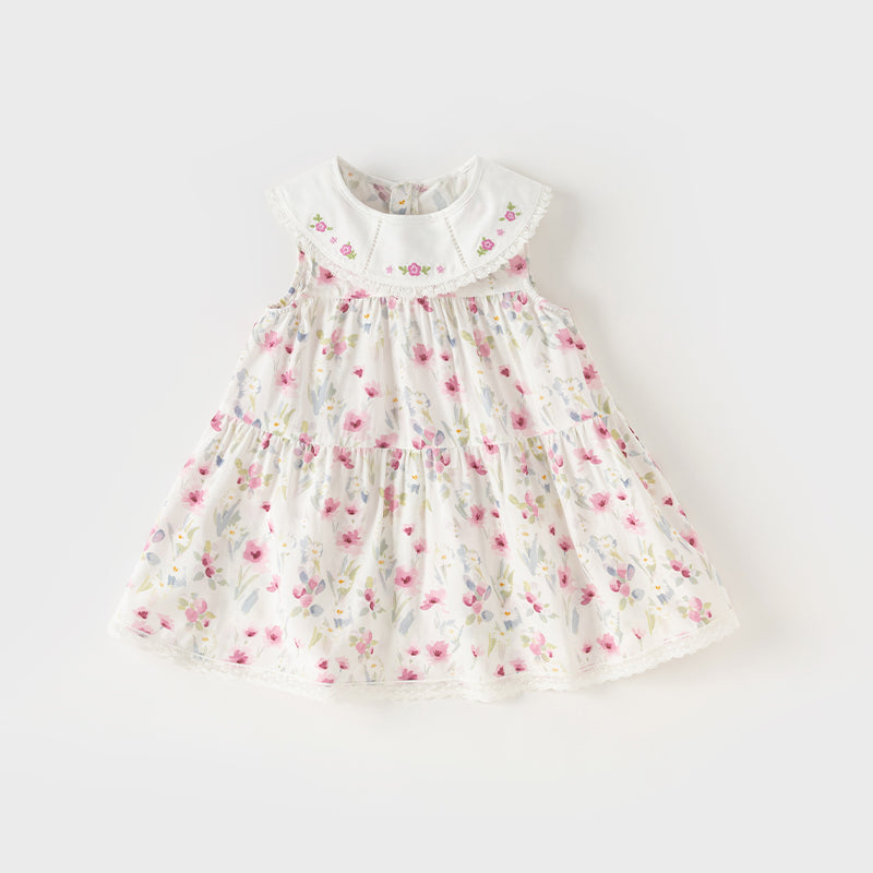 فستان بنات صيفي بدون أكمام بطباعة زهرية مزهرة بقصة على شكل حرف A بأسلوب عطلة