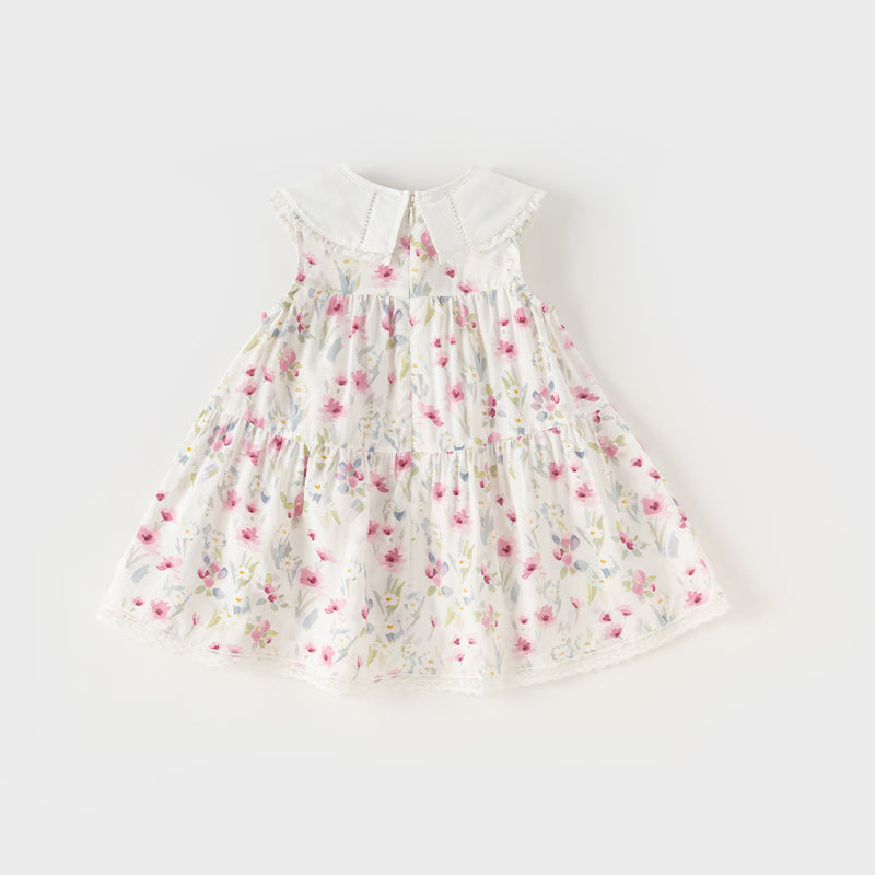 فستان بنات صيفي بدون أكمام بطباعة زهرية مزهرة بقصة على شكل حرف A بأسلوب عطلة