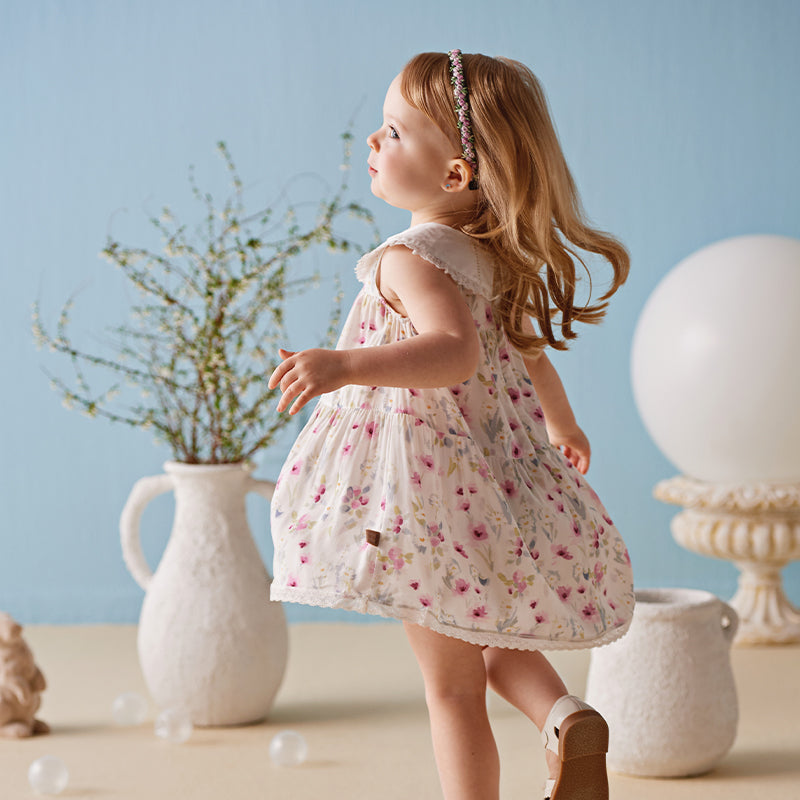 فستان بنات صيفي بدون أكمام بطباعة زهرية مزهرة بقصة على شكل حرف A بأسلوب عطلة