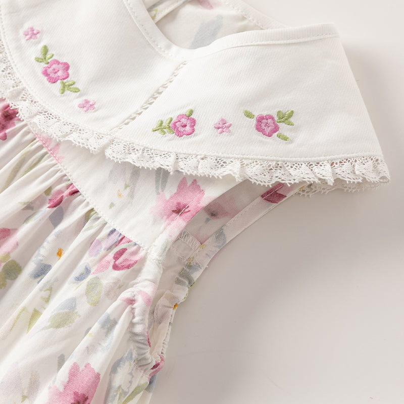 فستان بنات صيفي بدون أكمام بطباعة زهرية مزهرة بقصة على شكل حرف A بأسلوب عطلة