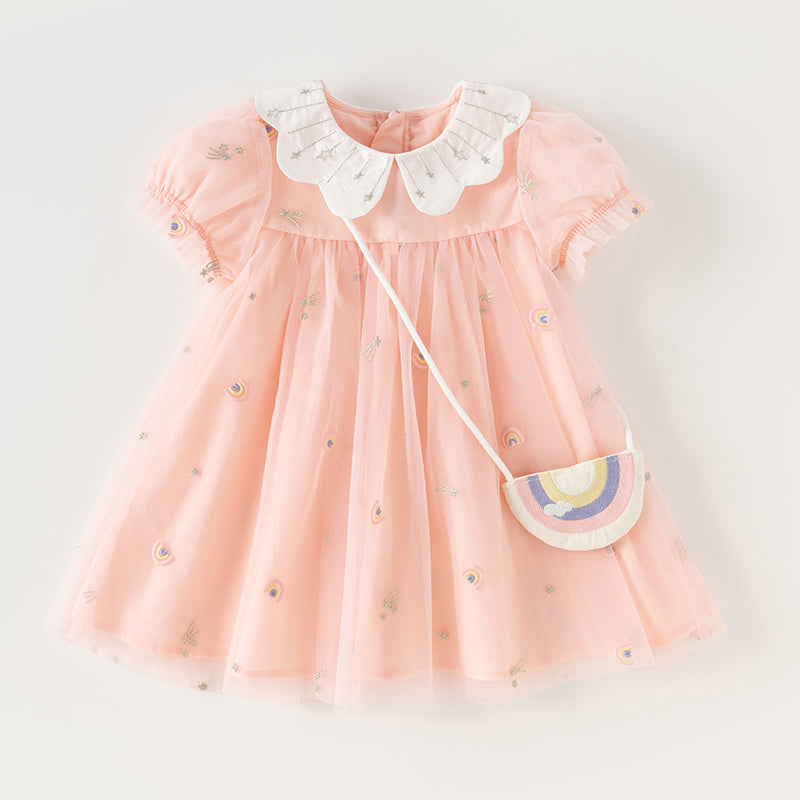 فستان صيفي للبنات الصغيرات من التول الوردي مع تطريز طفولي (يشمل حقيبة كروس)