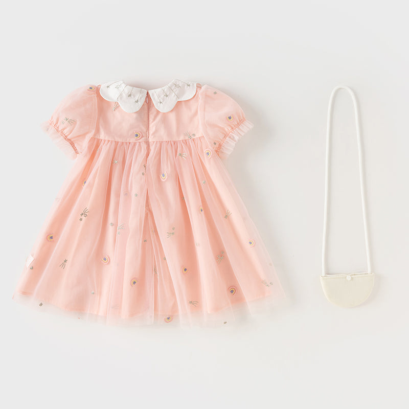 فستان صيفي للبنات الصغيرات من التول الوردي مع تطريز طفولي (يشمل حقيبة كروس)