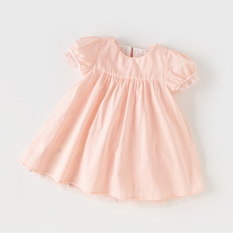 فستان صيفي للبنات الصغيرات من التول الوردي مع تطريز طفولي (يشمل حقيبة كروس)