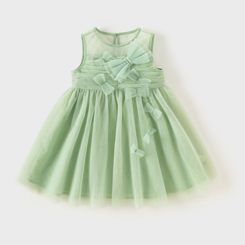 فستان صيفي للبنات الصغيرات من التول الأخضر بدون أكمام بتصميم مناسب للحفلات