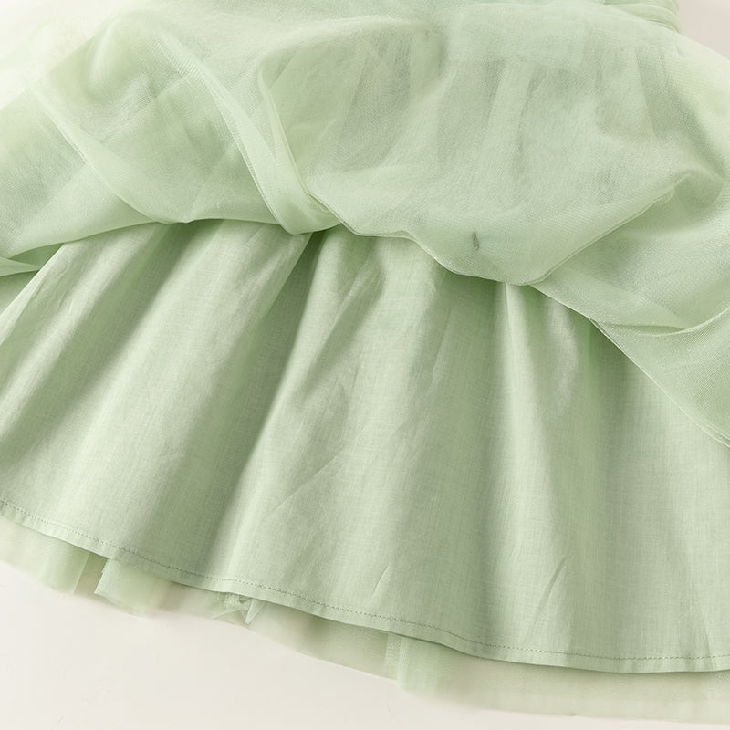فستان صيفي للبنات الصغيرات من التول الأخضر بدون أكمام بتصميم مناسب للحفلات