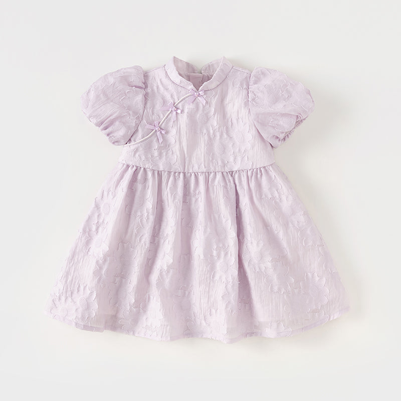 فستان بنات صيفي باللون البنفسجي بأكمام منفوشة بأسلوب صيني عصري