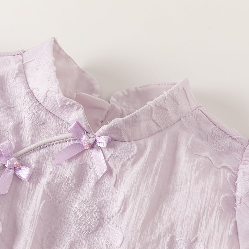 فستان بنات صيفي باللون البنفسجي بأكمام منفوشة بأسلوب صيني عصري