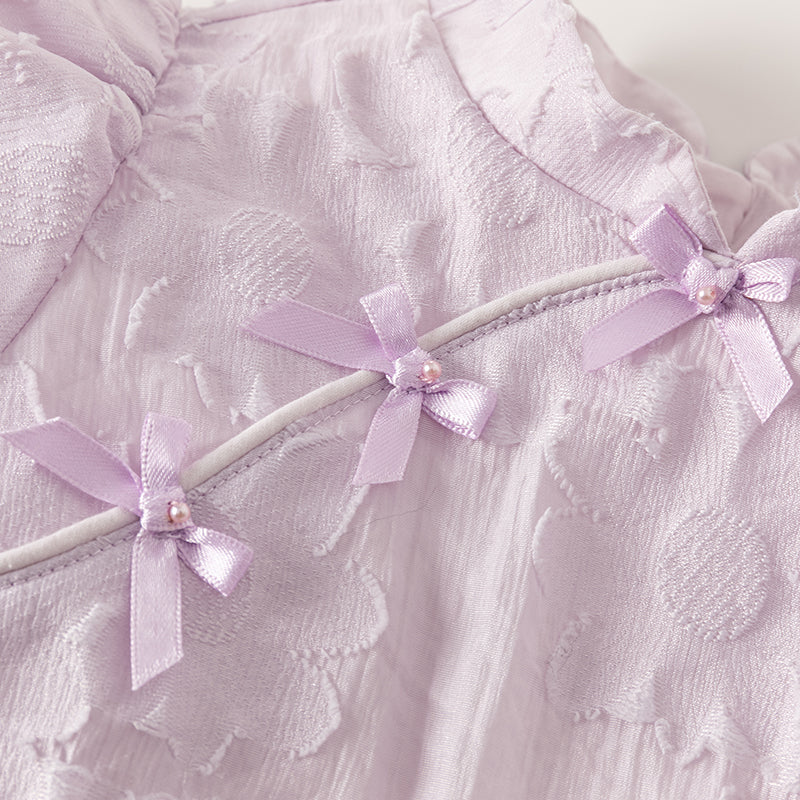 فستان بنات صيفي باللون البنفسجي بأكمام منفوشة بأسلوب صيني عصري