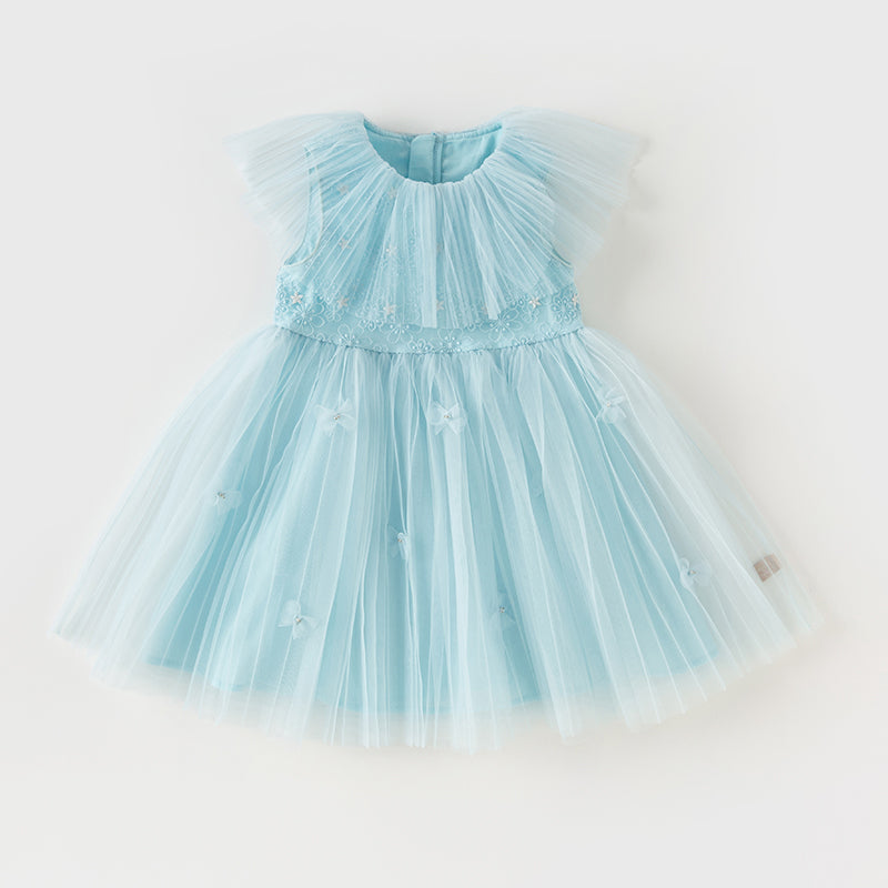 فستان بنات صيفي من التول باللون الأزرق الفاتح مع ياقة دانتيل أنيقة