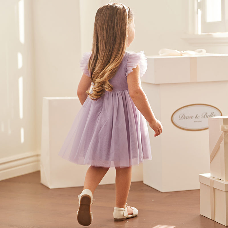 فستان صيفي للبنات الصغيرات من التول باللون البنفسجي مزين بفراشات
