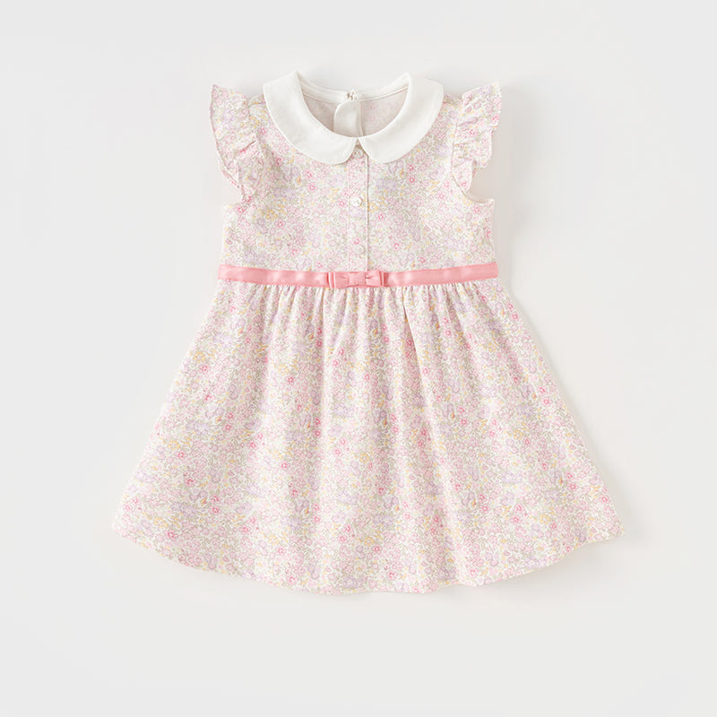 فستان بنات صيفي وردي بطباعة زهرية من القطن بأسلوب لطيف