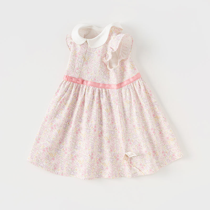 فستان بنات صيفي وردي بطباعة زهرية من القطن بأسلوب لطيف