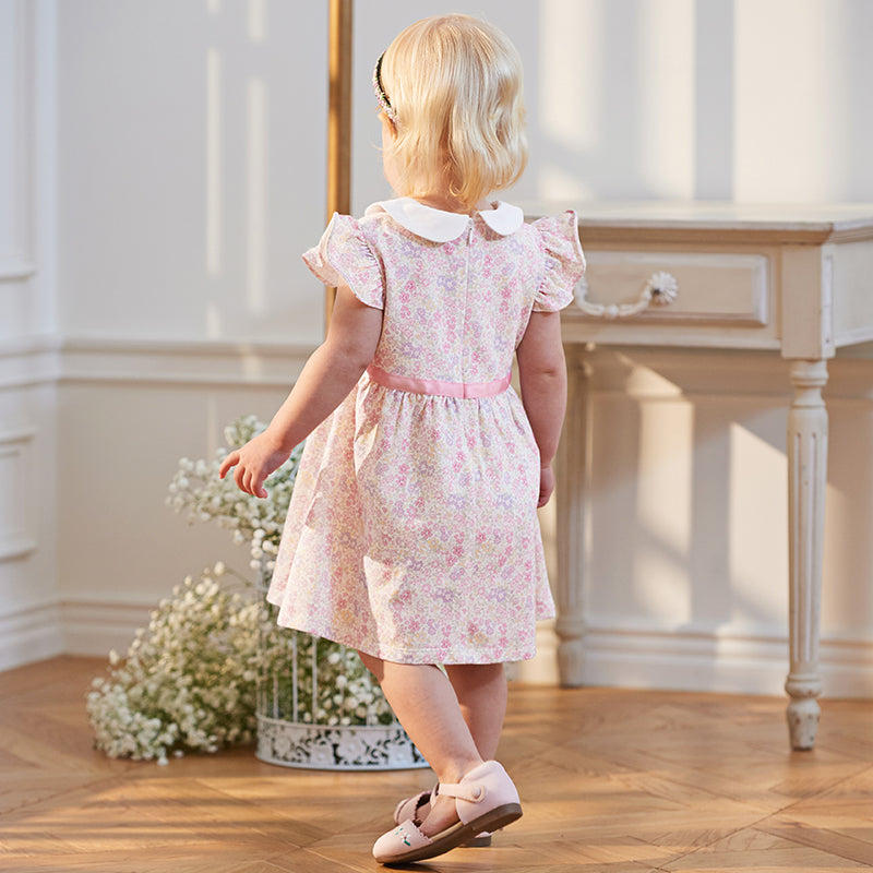 فستان بنات صيفي وردي بطباعة زهرية من القطن بأسلوب لطيف