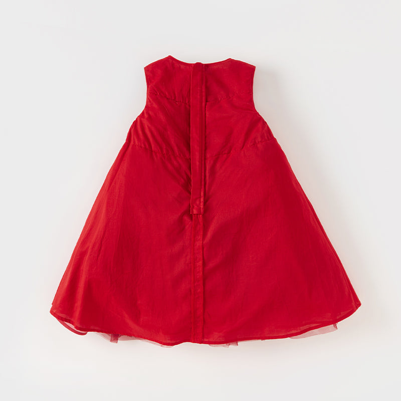 فستان حفلة أميرة صيفي للبنات باللون الأحمر بدون أكمام بتصميم فاخر