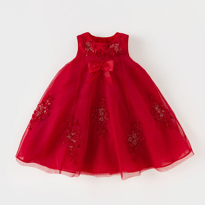 فستان حفلة أميرة صيفي للبنات باللون الأحمر بدون أكمام بتصميم فاخر