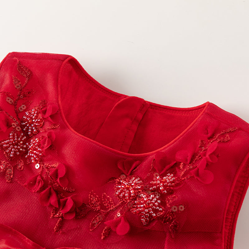 فستان حفلة أميرة صيفي للبنات باللون الأحمر بدون أكمام بتصميم فاخر