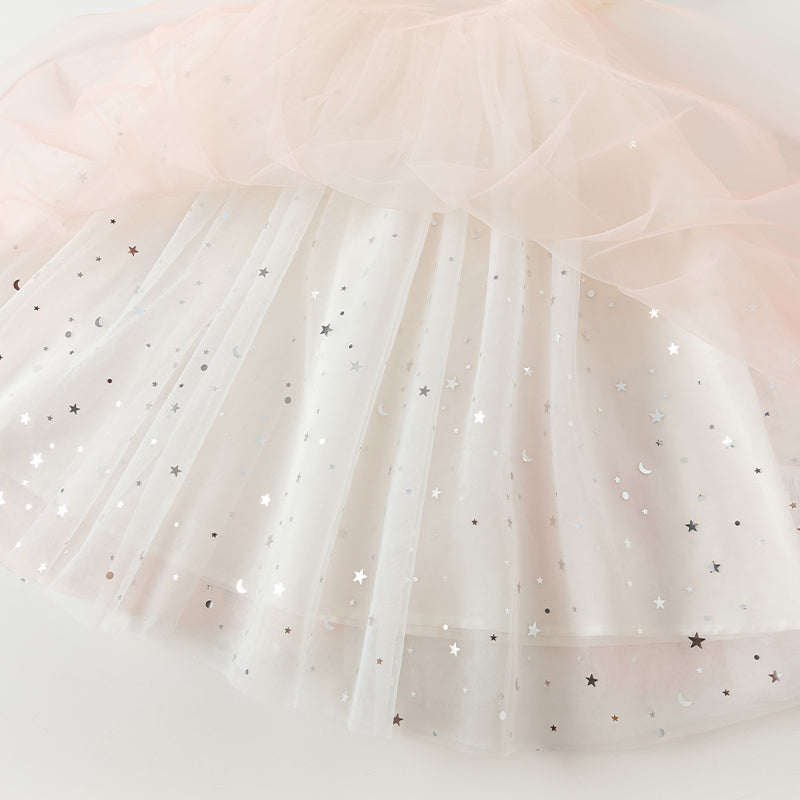 فستان صيفي للبنات الصغيرات بدون أكمام من التول الوردي المتدرج مزين بترتر متلألئ