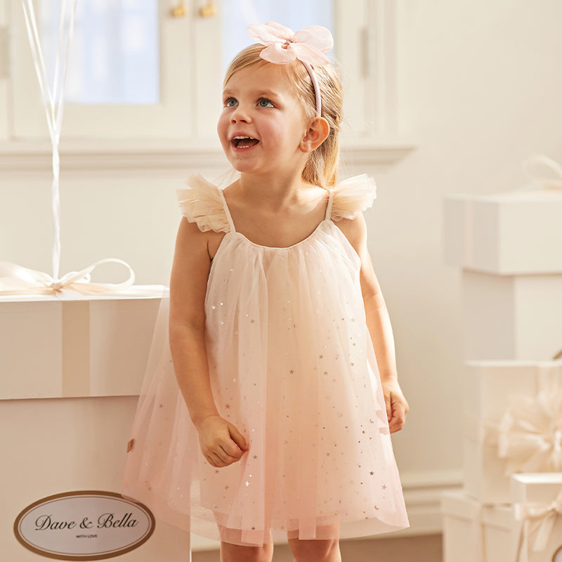 فستان صيفي للبنات الصغيرات بدون أكمام من التول الوردي المتدرج مزين بترتر متلألئ