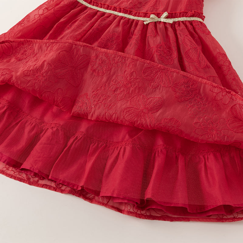 فستان بنات صيفي باللون الأحمر بتطريزات أسلوب أميرة