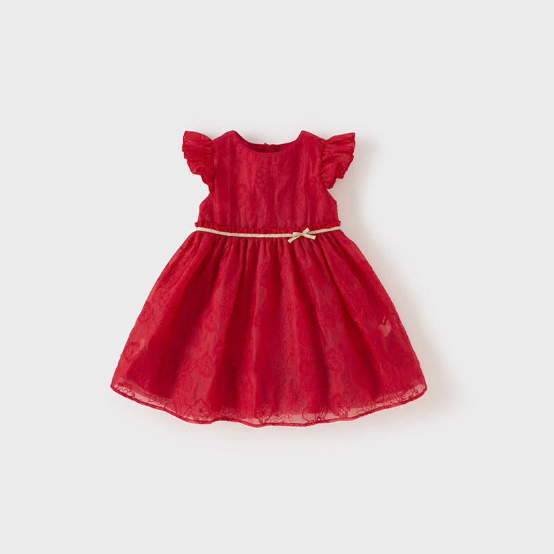 فستان بنات صيفي باللون الأحمر بتطريزات أسلوب أميرة