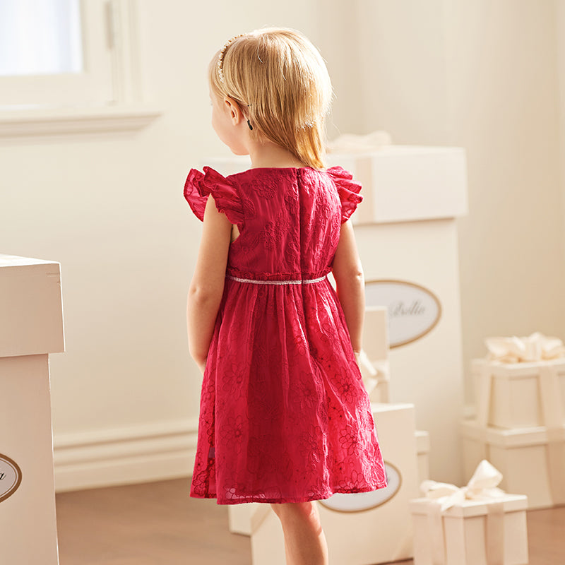 فستان بنات صيفي باللون الأحمر بتطريزات أسلوب أميرة