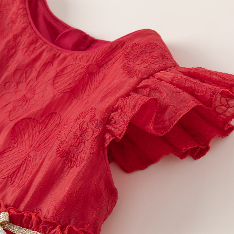 فستان بنات صيفي باللون الأحمر بتطريزات أسلوب أميرة