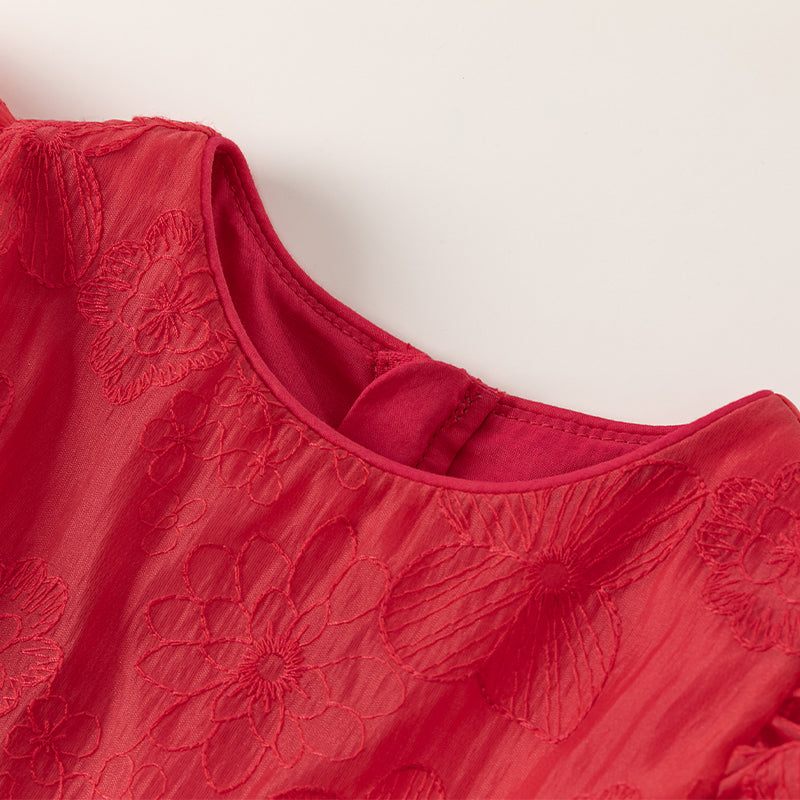 فستان بنات صيفي باللون الأحمر بتطريزات أسلوب أميرة
