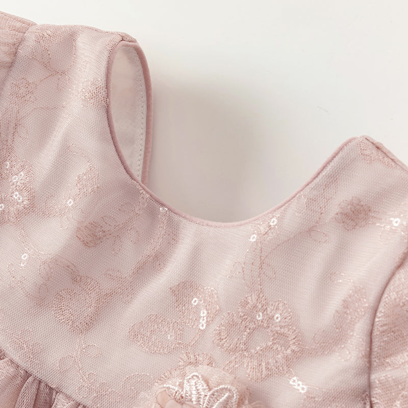 فستان صيفي للبنات الصغيرات من التول باللون الوردي مع تطريز زهور فاخر