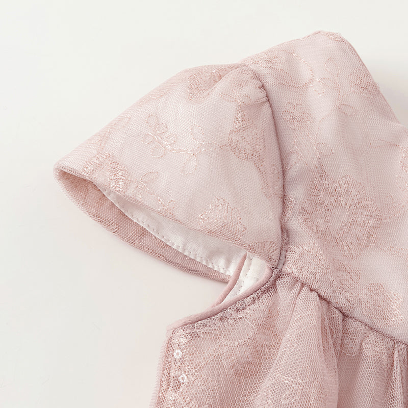 فستان صيفي للبنات الصغيرات من التول باللون الوردي مع تطريز زهور فاخر