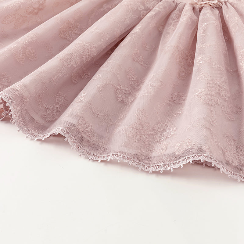 فستان صيفي للبنات الصغيرات من التول باللون الوردي مع تطريز زهور فاخر