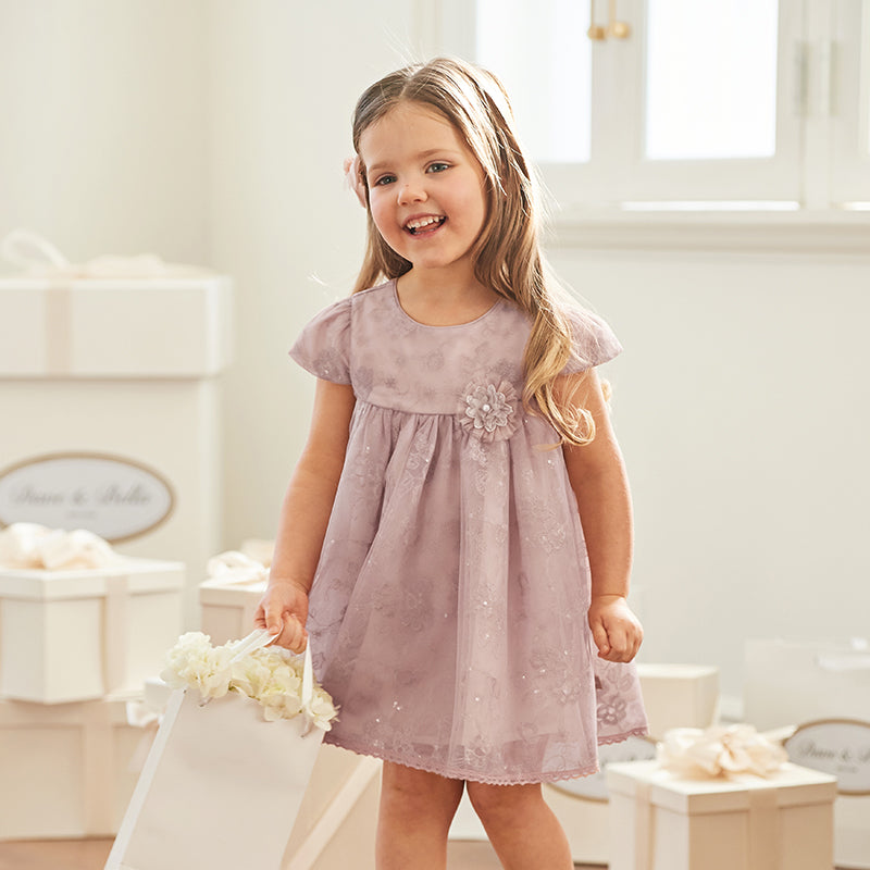 فستان صيفي للبنات الصغيرات من التول باللون الوردي مع تطريز زهور فاخر