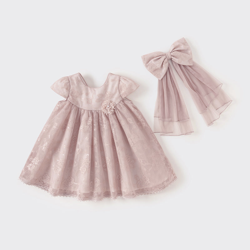 فستان صيفي للبنات الصغيرات من التول باللون الوردي مع تطريز زهور فاخر