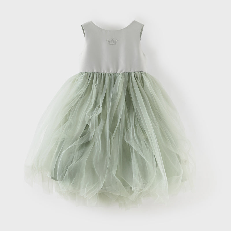 فستان صيفي للبنات الصغيرات بدون أكمام من التول باللون الأخضر على شكل أميرة