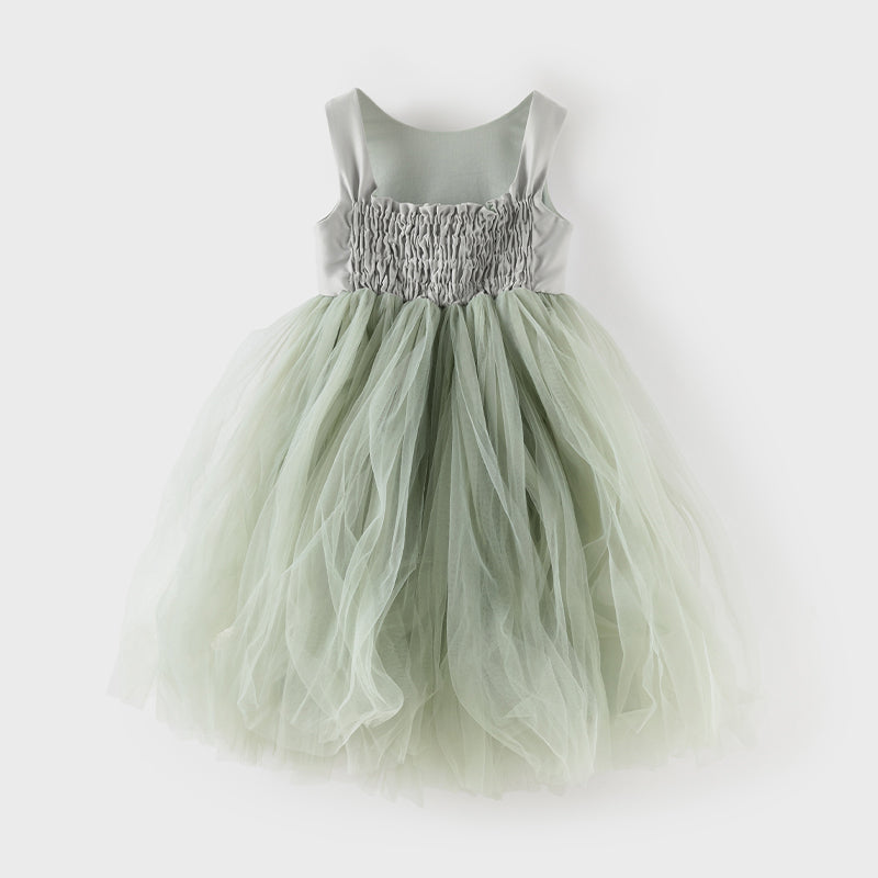 فستان صيفي للبنات الصغيرات بدون أكمام من التول باللون الأخضر على شكل أميرة