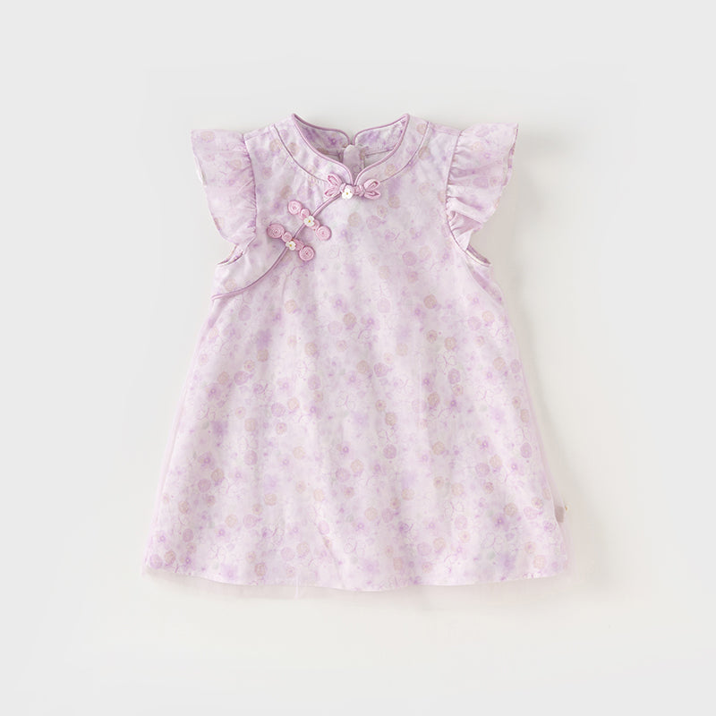 فستان بنات صيفي بنفسجي بطباعة زهرية من التول بأسلوب صيني عصري