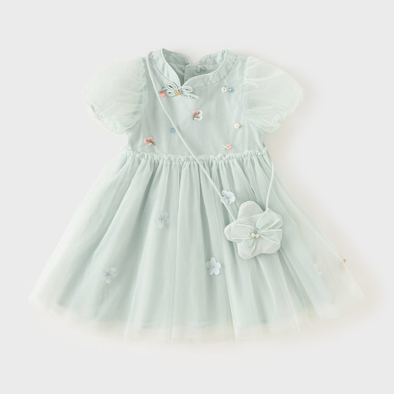 فستان بنات صيفي من التول باللون الرمادي الأزرق بأسلوب صيني عصري (يشمل حقيبة كروس)