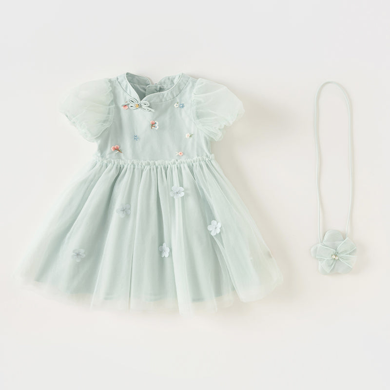 فستان بنات صيفي من التول باللون الرمادي الأزرق بأسلوب صيني عصري (يشمل حقيبة كروس)